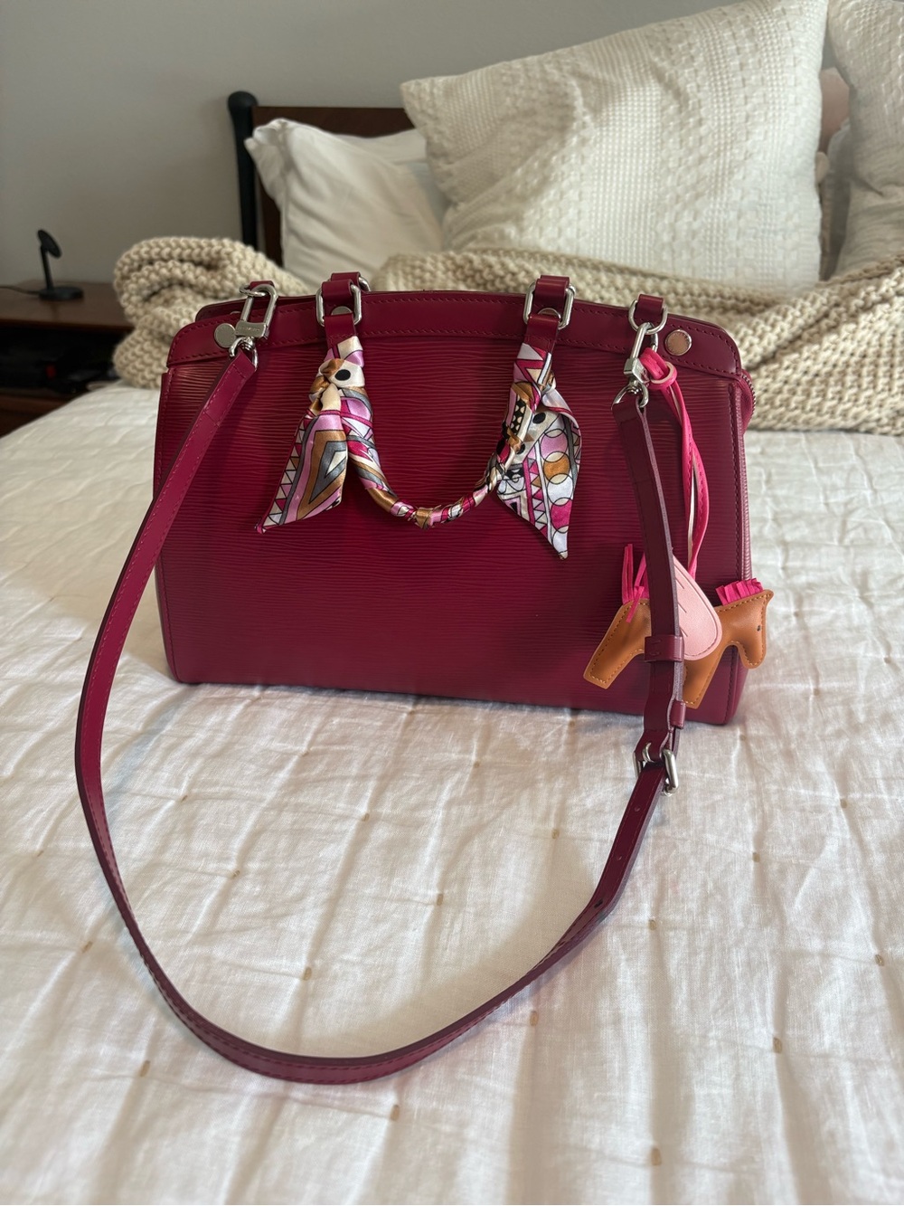Louis Vuitton Brea MM Burgundy/Pink Epi Leather Satchel with Scarf Accent, VGUC!
